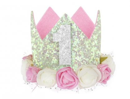 Crown shaped little hat with glitter, number 1 and flowers