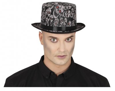 Black top hat for adults with skulls design
