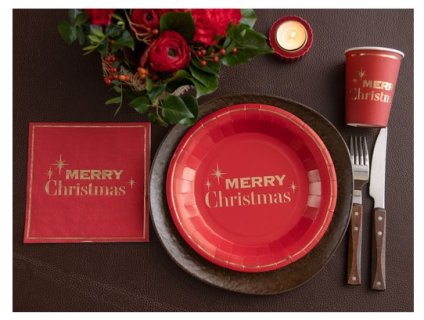 Κόκκινα μεγάλα χάρτινα πιάτα για το τραπέζι των Χριστουγέννων με χρυσοτυπία