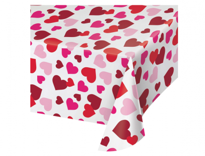 Plastic tablecover with red and pink hearts 137cm x 259cm