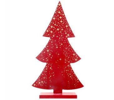Red wooden Christmas tree with gold stars 27cm