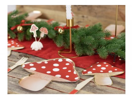 Paperplates in the shape of a red mushroom with gold foiled edging