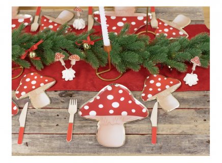 Deluxe napkins in the shape of a red mushroom with gold foiled edging