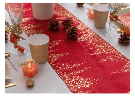 Fabric table runner in red color with embossed design the gold stars