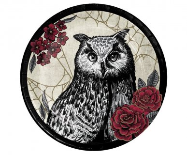 Owl and red flowers small paper plates 8pcs