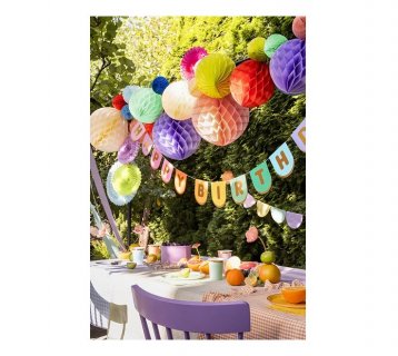 Party decoration with hanging decorative honeycomb balls