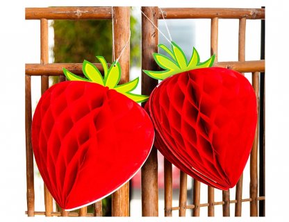 Hanging paper honeycomb decoration in the shape of a strawberry