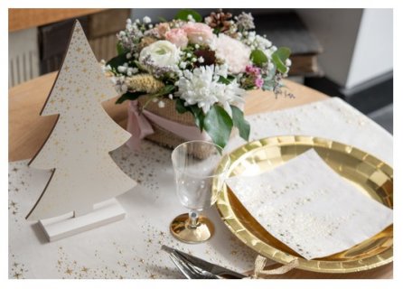 Wooden centerpiece table decoration in the shape of a Christmas tree in white color with gold stars