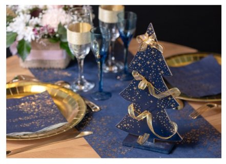 Wooden Christmas tree table decoration in navy blue color with gold stars print