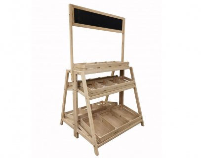 Wooden double sided display with 3 levels and blackboard