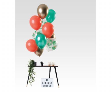 Λάτεξ μπαλόνια σε πράσινο, χρυσό, κοραλί και διάφανο χρώμα με τύπωμα πράσινα φύλλα για πάρτυ με θέμα Tropical