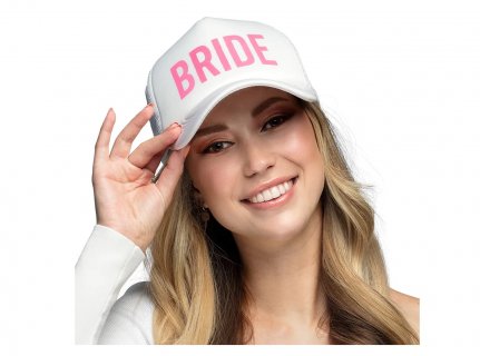 White hat with hot pink Bride letters