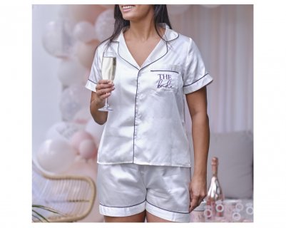 White satin pyjama with short and shirt and black letters The Bride