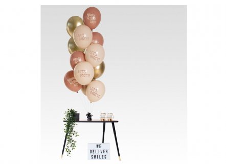 Latex balloons in terracotta and gold metallic color with Let's Party and Happy Birthday print