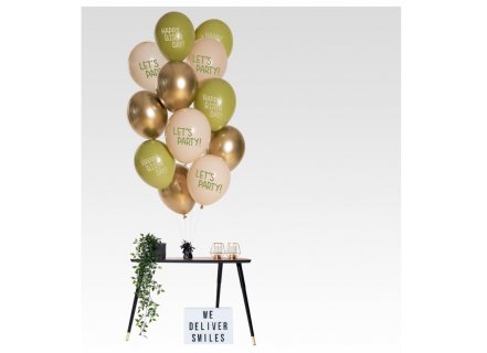 Λάτεξ μπαλόνια σε πράσινο, χρυσό και nude χρώμα με τύπωμα Let's Party και Happy Birthday