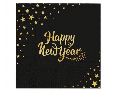 Black luncheon napkins with Happy New Year gold foiled print 10pcs