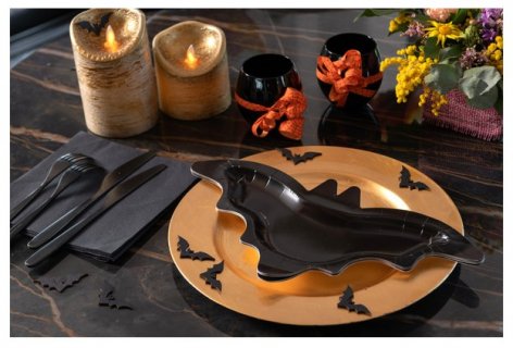 Black paper plates in the shape of a bat for Batman or Halloween theme party