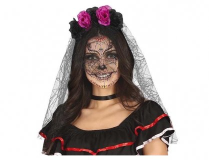 Wearable party accessories, black headband with black and purple flowers and a black veil