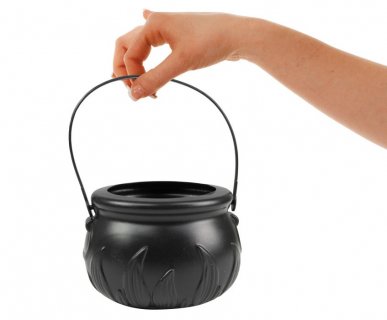 Small blck color cauldron with black flames embossed design on the bottom of it