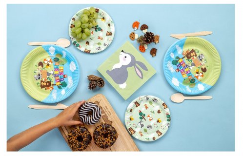 Large paper plates for a birthday party with Forest animals theme