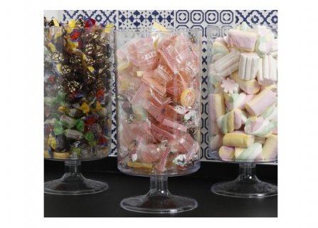 Cylinder shaped plastic container with pedestal for the candy bar