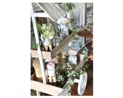Large wooden trolley in white and natural color for party, baptism and wedding decoration