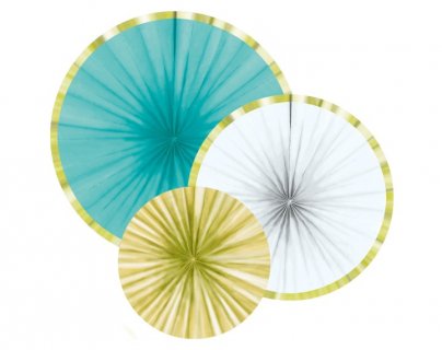 Paper fans in mint, white and gold color 3pcs