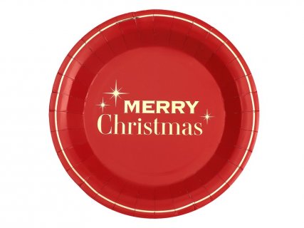 Merry Christmas red large paper plates with gold foiled print 10pcs