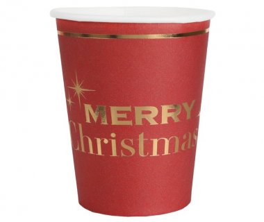 Merry Christmas κόκκινα χάρτινα ποτήρια με χρυσοτυπία 10τμχ
