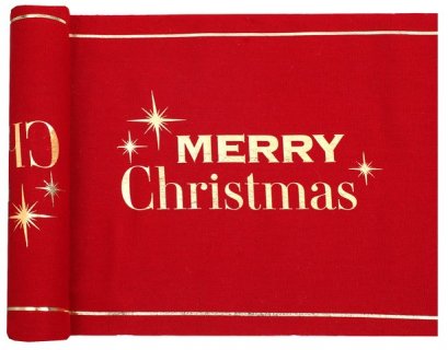 Merry Christmas red table runner with gold foiled print 28cm x 300cm