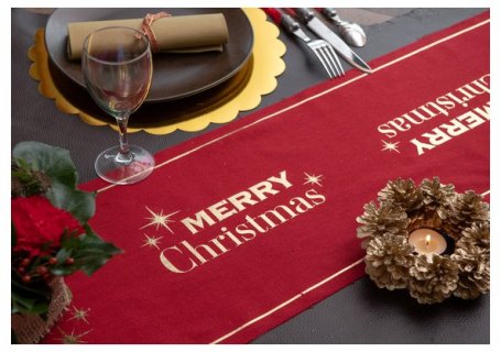 Fabric table runner in red color with gold foiled print for Christmas