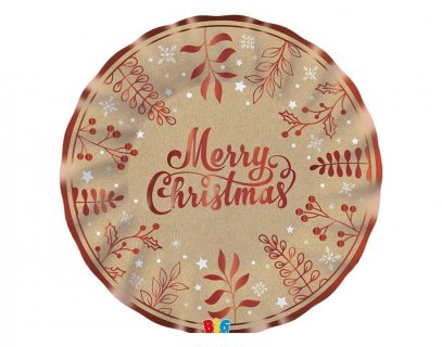 Merry Christmas κραφτ και κόκκινο μεγάλα χάρτινα πιάτα για τα Χριστούγεννα 6τμχ