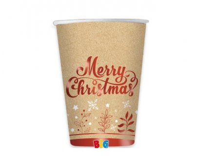 Merry Christmas κραφτ και κόκκινο ποτήρια χάρτινα για τα Χριστούγεννα 6τμχ