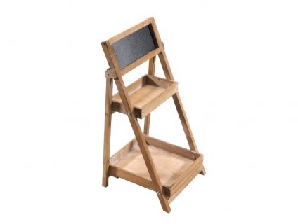 Small wooden stand with shelves and blackboard