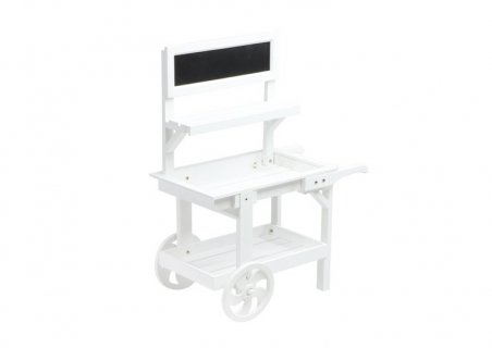White wooden trolley with 3 levels and a blackboard