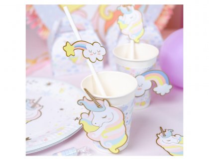 Paper cups with unicorn, falling star and rainbow