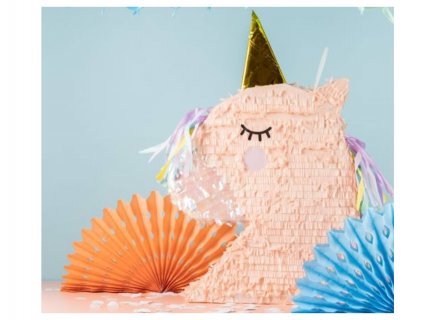 Pinata in the shape of a unicorn head in pastel colors