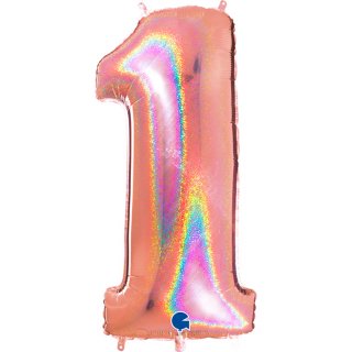 Ροζ Χρυσό Με Ολογραφικό Τύπωμα Μπαλόνι Supershape Αριθμός-Νούμερο 1 (100εκ)