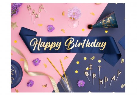 Μπλε κορδέλα με χρυσά Happy Birthday γράμματα για πάρτυ γενεθλίων
