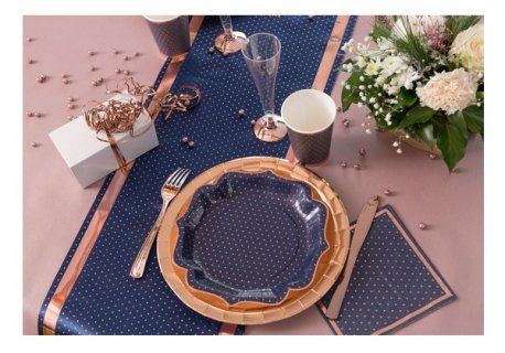 Paper plates in blue color with rose gold foiled details