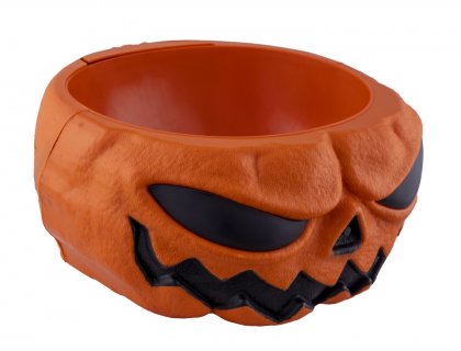 Pumpkin shaped bowl with the skeleton moving hand for a Halloween party