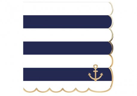 Deluxe luncheon napkins with blue and white stripes and gold foiled anchor print.