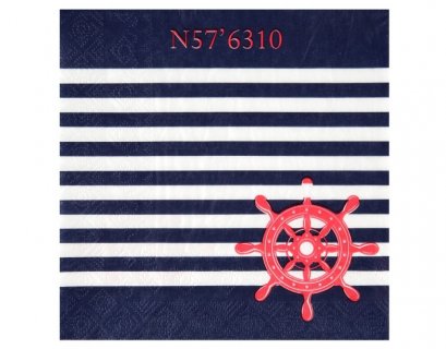 Navy luncheon napkins with stripes and a red wheel