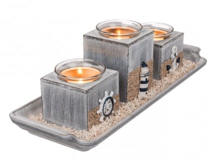 Wooden grey colored plate and tealights with navy decorative theme