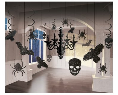 Skulls decoration set in black color with glitter 17pcs
