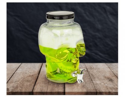Glass drink dispenser in the shape of a skull for your bar decoration