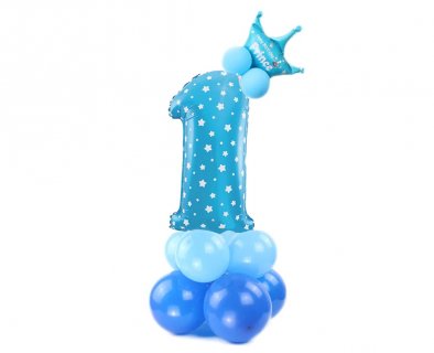 Μπλε σύνθεση με μπαλόνια με θέμα τον αριθμό 1 και την κορώνα 110εκ