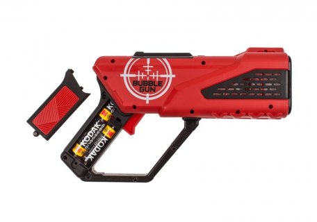 Red bubble gun with led lights batteries position