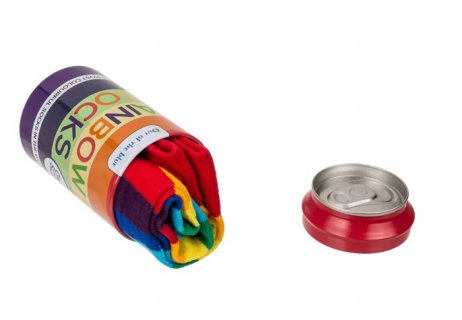 Metal beer tin with a pair of socks with rainbow design