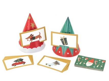 Christmas party game with party hats and cards